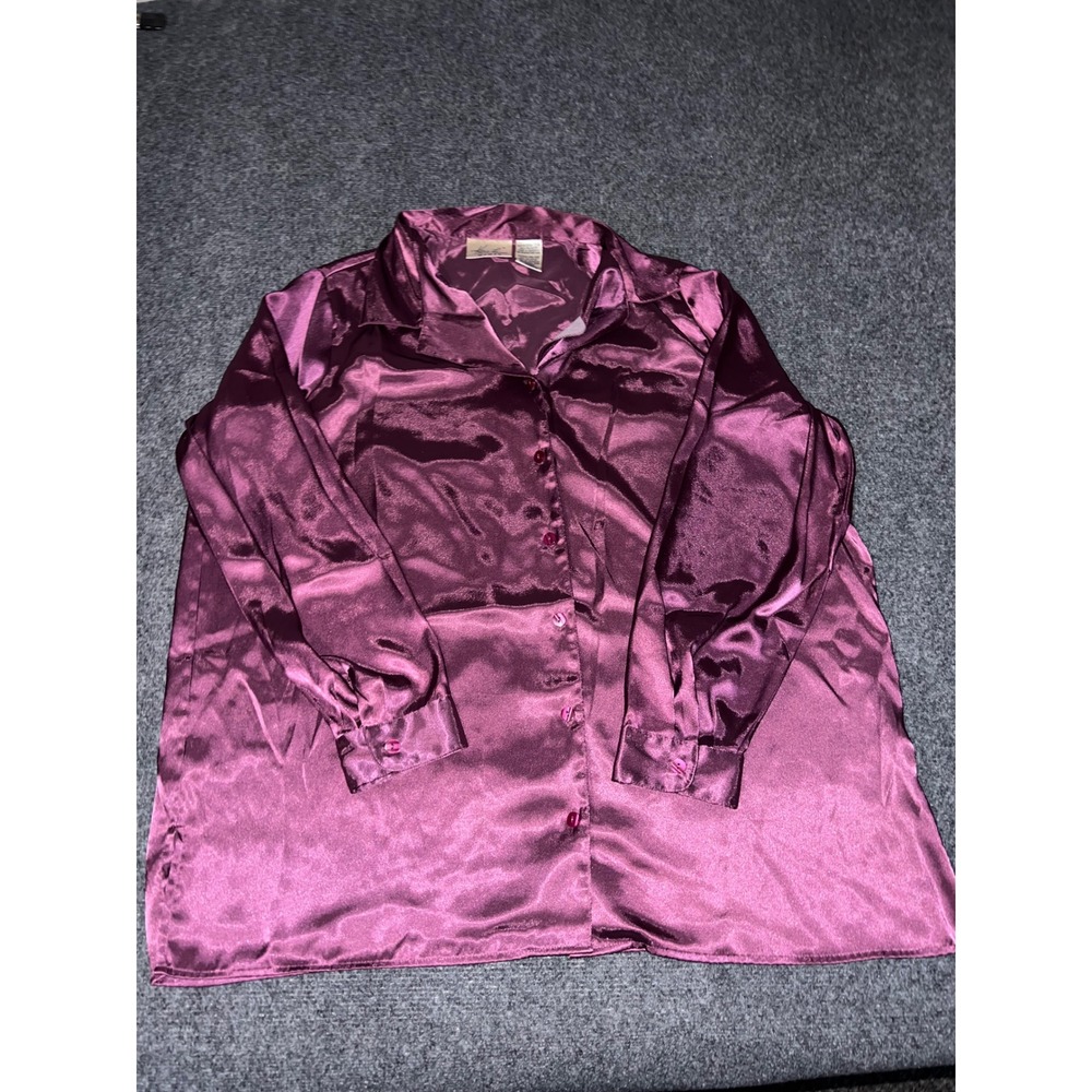 Kathie Lee Woman Satin Button Down Shirt Wine Berry Purple Plus Size 18W/20W